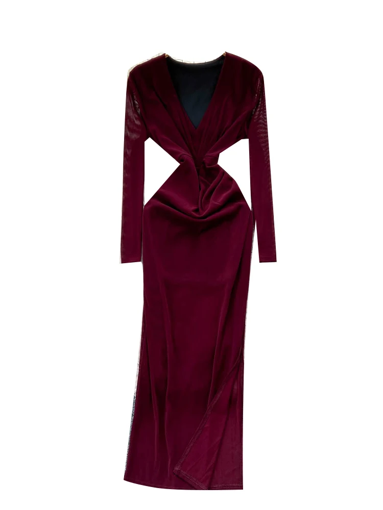 セクシーなVネックロングスリーブ、女性用デザイン、ハイウエストボディコンスカート、通勤用Aラインシルエット、ポリエステル繊維