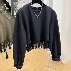 Suéter de cuello redondo grande con borla de dobladillo de nicho de diseño para mujer, top corto informal suelto, primavera y otoño