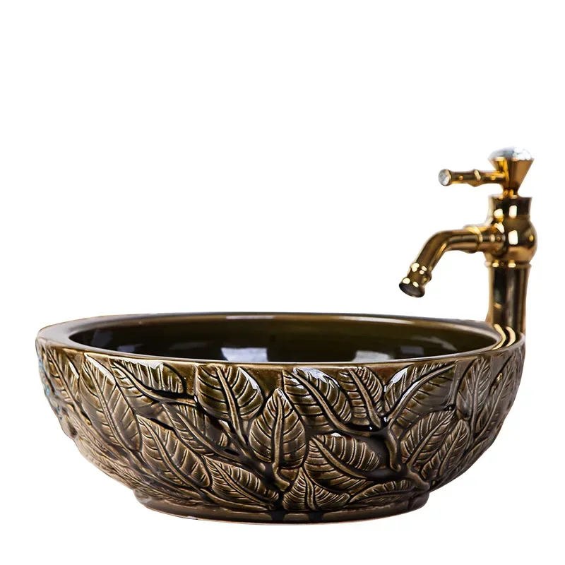 

Ceramic Art Inter-Platform Basin Hotel Washbasin Chinese Retro Carved round Table Basin Hand Carved