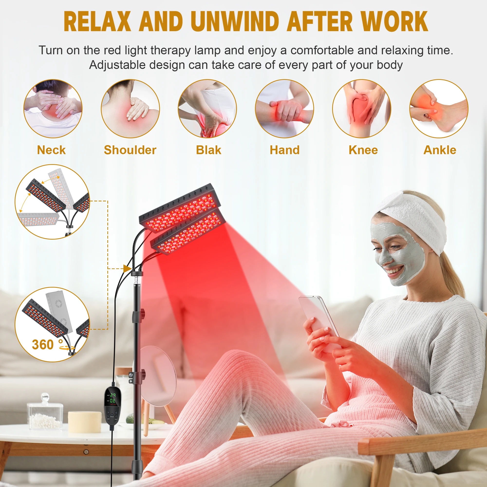 Home Beauty Device Red Light Therapy Floor Lamp Dual Head 660nm  LED Adjustable Height Full Body Pain Relief 360° Rotatable Pane view 5