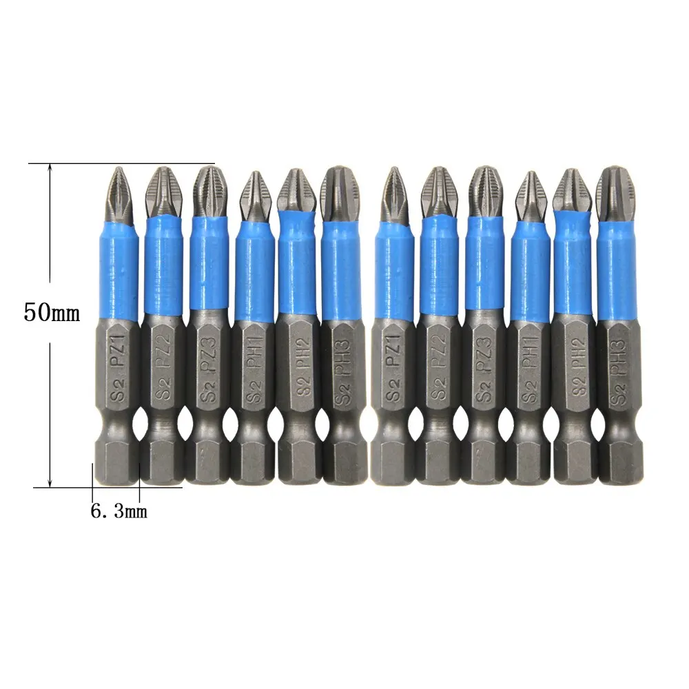 Hexagonal Handle 12pc S2 Steel Anti Slip Screwdriver Head Cross Electric Screwdriver Tool Set PH1/PH2/PH3/PZ1/PZ2/PZ3