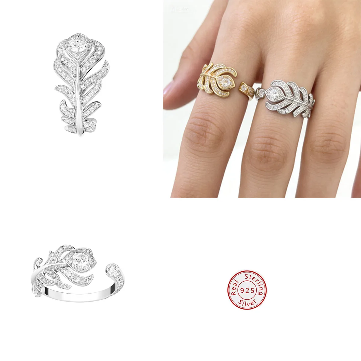 

2025 New Leaf Shaped Adjustable Open Ring, Two Tone Shining Zircon Retro Design, Christmas and New Year Gift, Fashion Jewelry