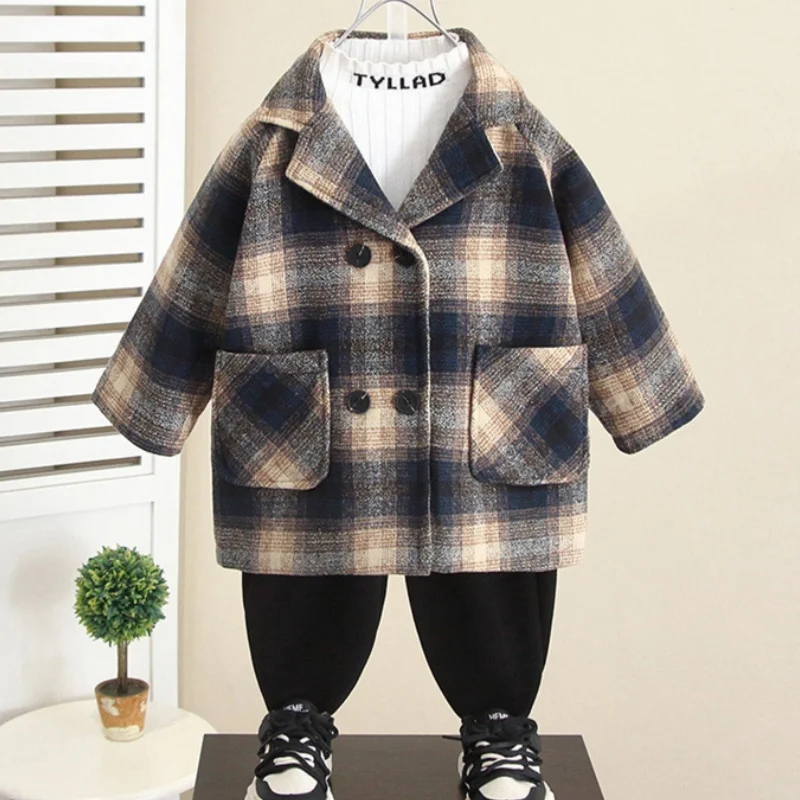 

Cotton thickened boy's woolen coat 2025 spring new children's clothing large children's woolen coat children's trench coat