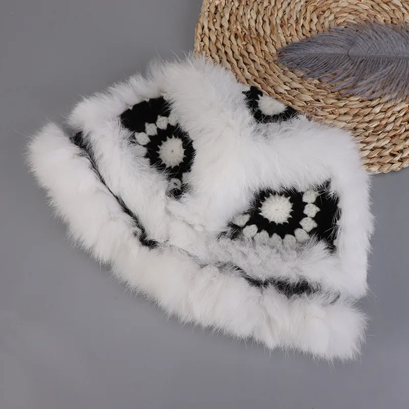 Stylish Crochet Bucket Hat Women Winter Rabbit Fur Warm Cute Plush Cap Big Head Casual Knitted Fisherman\'s Caps Fashion Panama