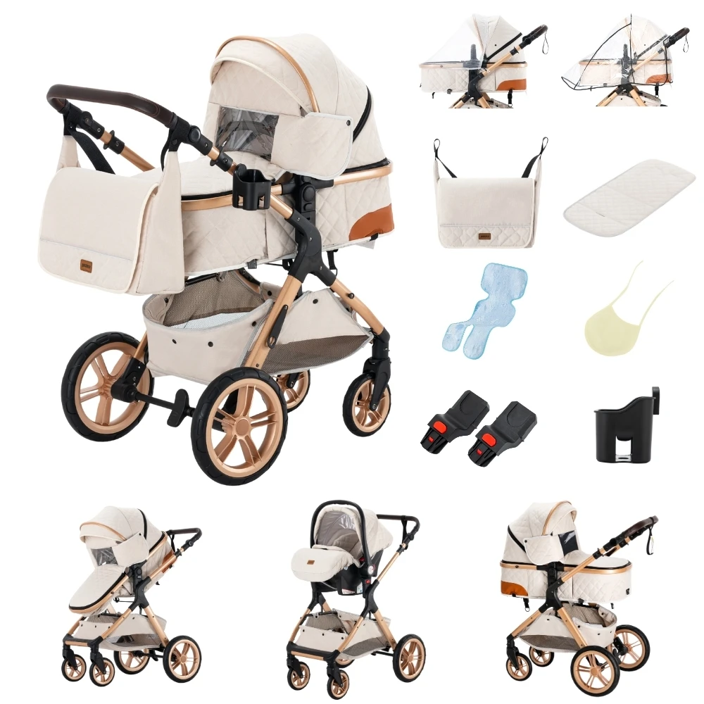 3-in-1 Babywandelwagen, vierwielige kinderwagen, hoge ligging met muskietennet, opvouwbaar, schokbestendig, vierwielige kinderwagen