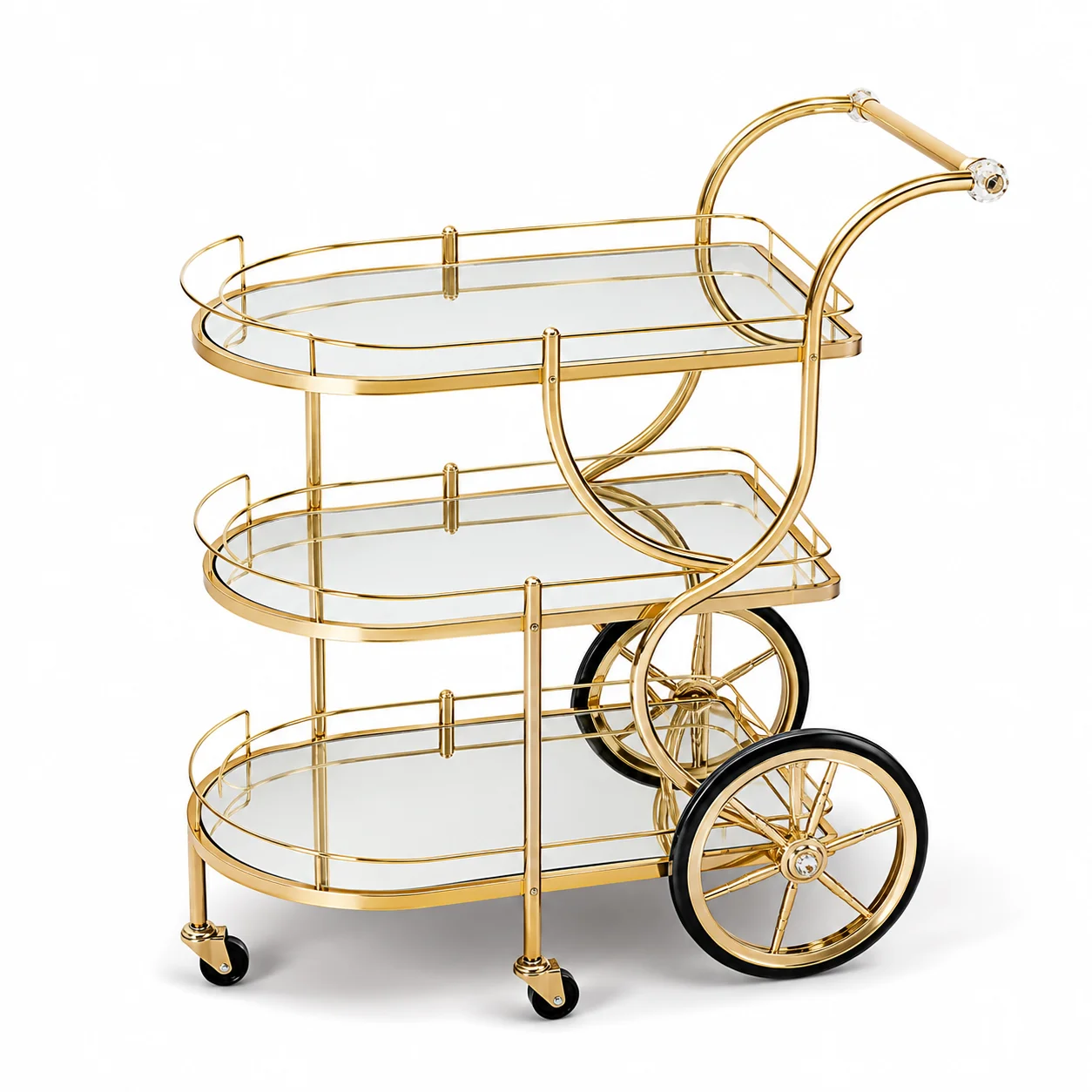 Gold Serving Cart with Wheels, Luxury Bar Trolley with Mirror Glass Shelves, Mobile Drinks Dessert Storage Cart