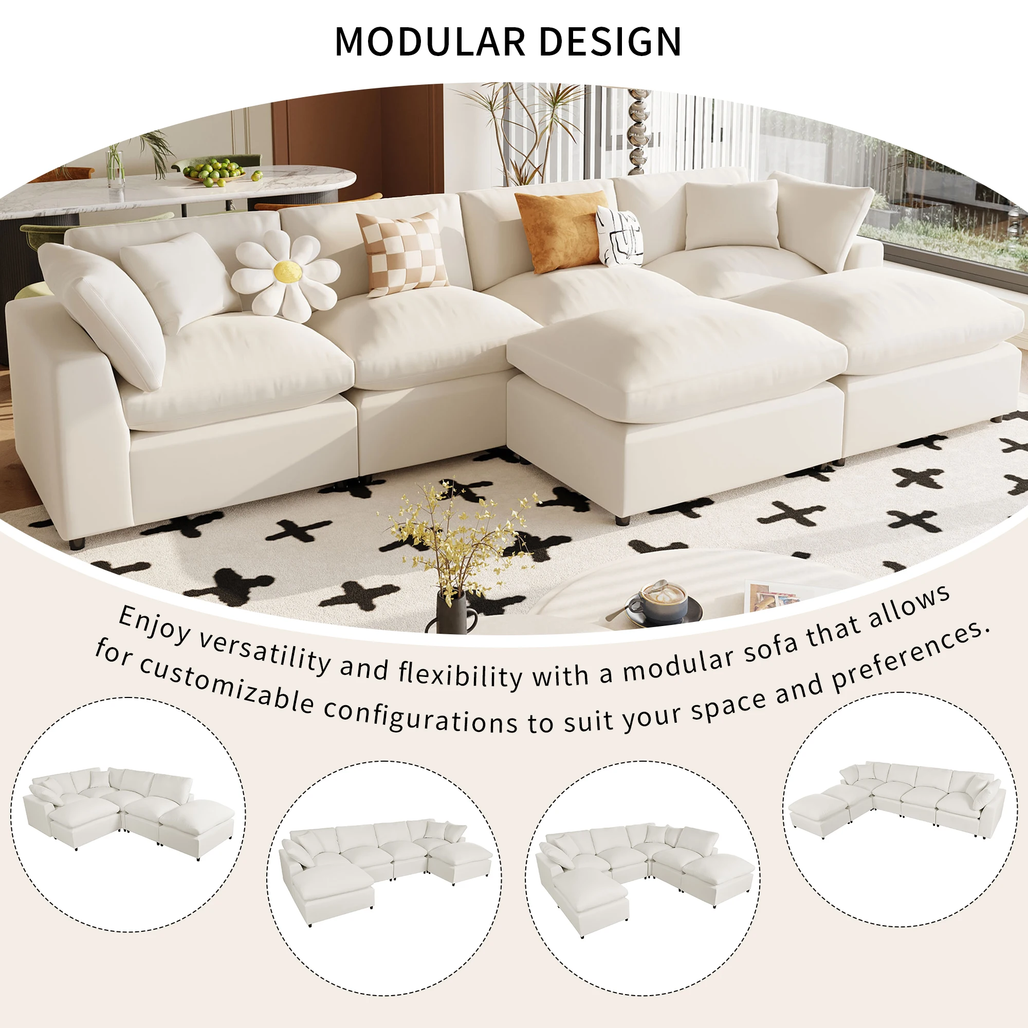 Modern Large U-Shape Sectional Sofa with Modular Design, 2 Large Chaises, Removable Ottomans, and Plush Cushions