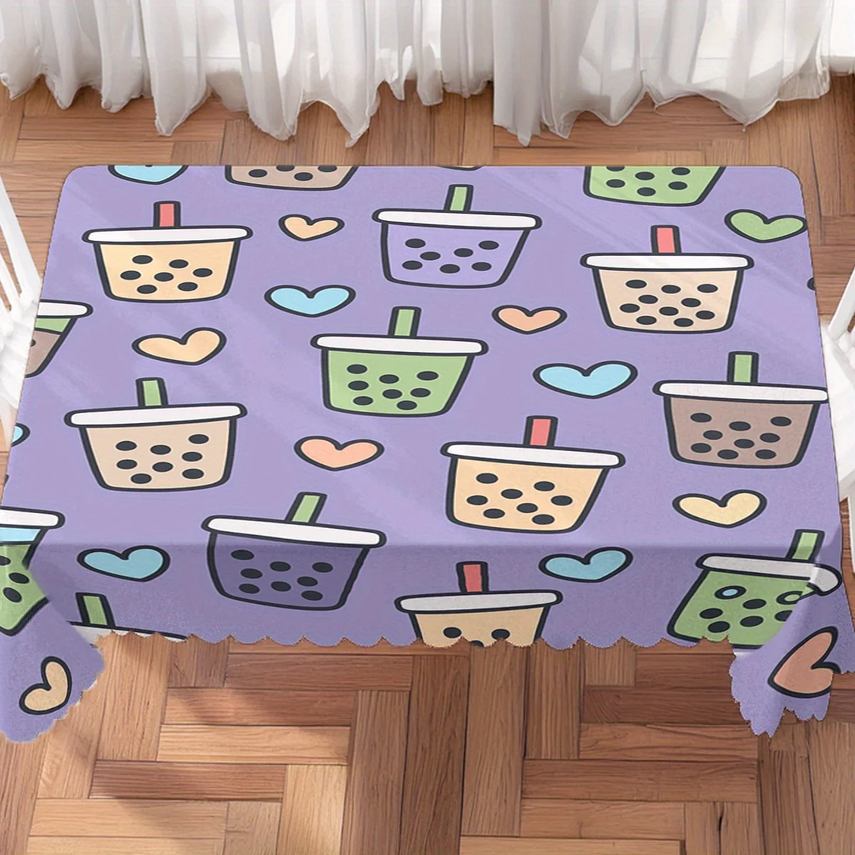 Cute Cartoon Bubble Tea Colorful Heart Print Waterproof Tablecloth, Rectangular Table Cover for Kids Home Dining Party Decor