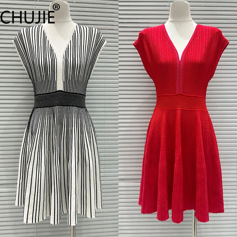 

Elegant Striped Knit Dress - V-Neck Sleeveless Design - Lightweight Bodycon - Summer Mature Style - Viscose Polyamide Blend