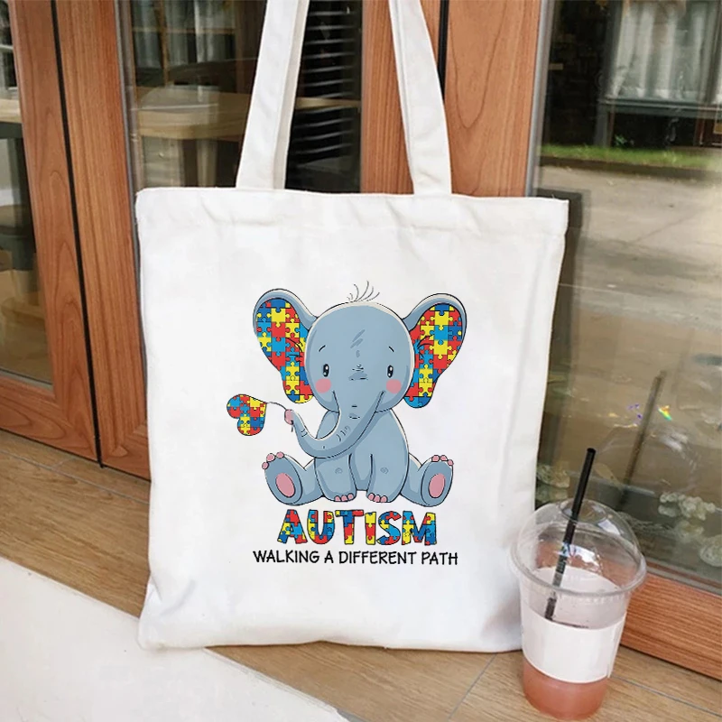 Borse di tela per la consapevolezza dell\'autismo per le donne borsa a mano elefante Design borsa per la spesa a tracolla di grande capacità per la