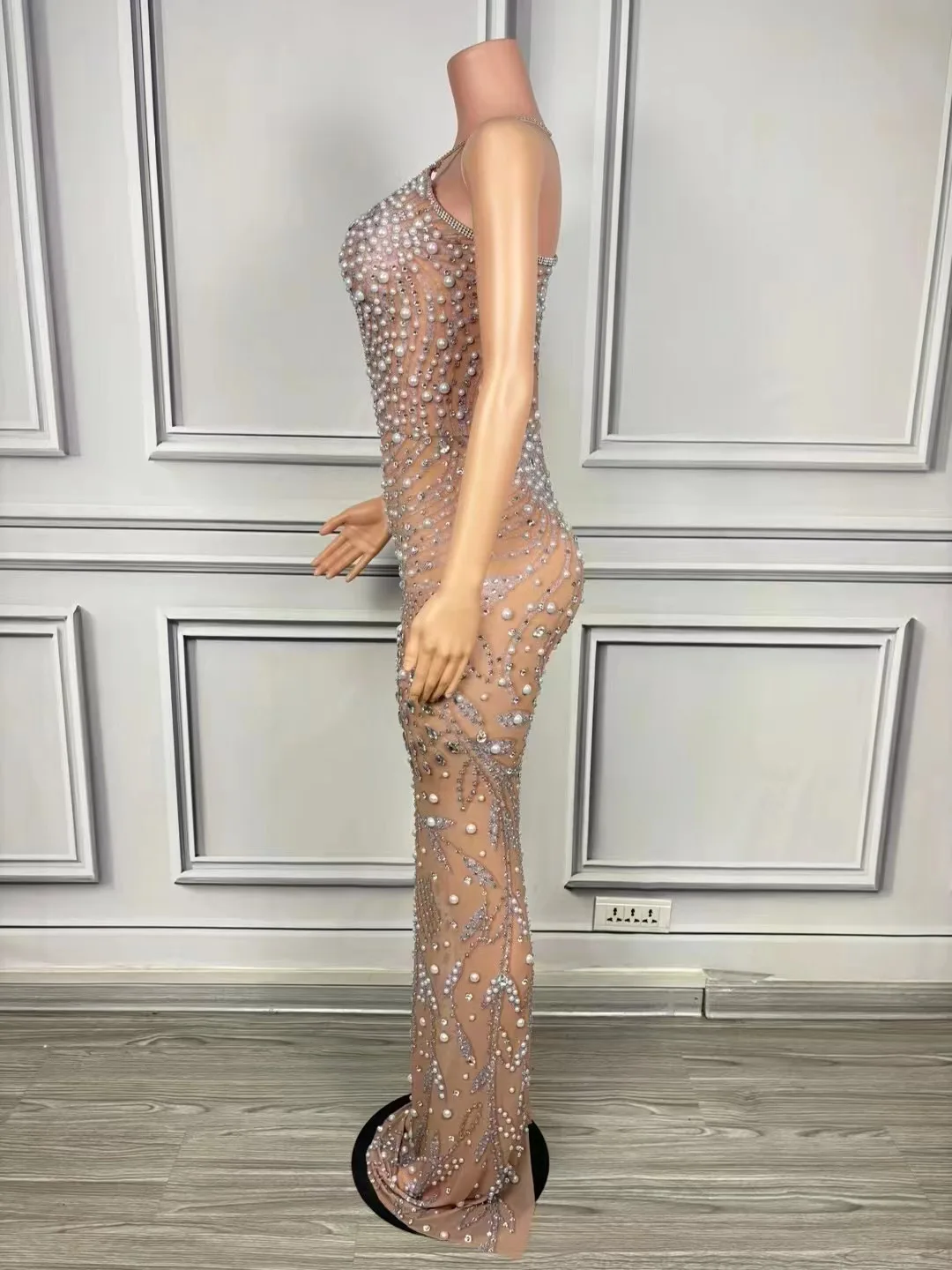 크리스탈 시스루 백 슬릿 원피스, 이브닝 파티 공연 코스튬, 나이트클럽 가수 무대 착용, 섹시한 럭셔리 진주 라인스톤