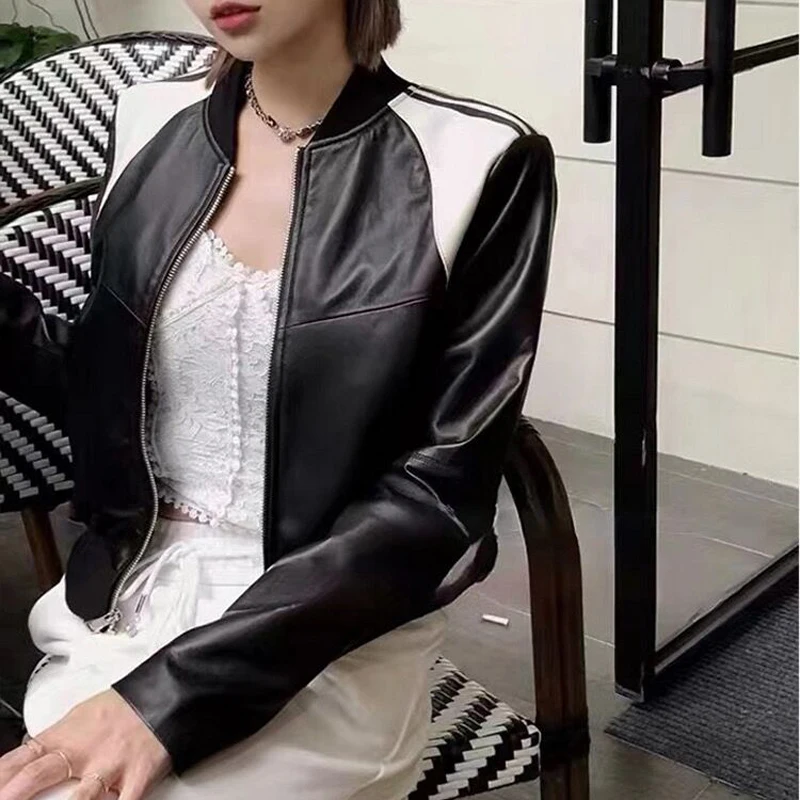 Women Genuine Leather Baseball Uniform Jacket Black 2023 Spring Female O-Neck Short Coat Mujer Outwear Blazer Streetwear