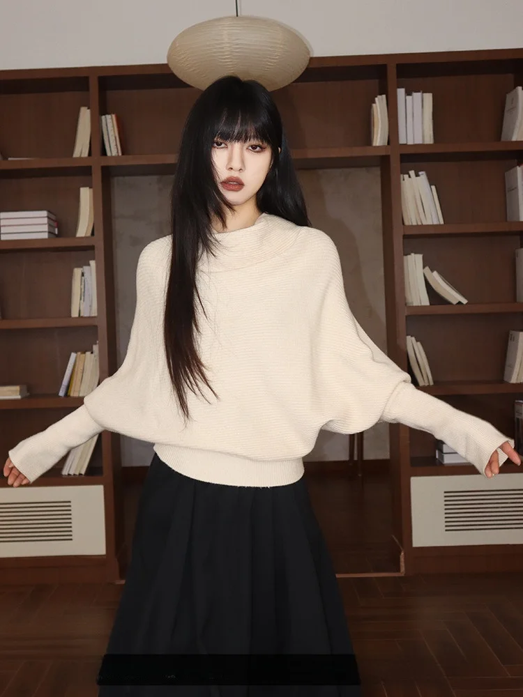 

Women's Thiened Loose Knitted Sweater f High Collar Retro Design Autumn Winter Inner Wear Batwing Sve ort Sle