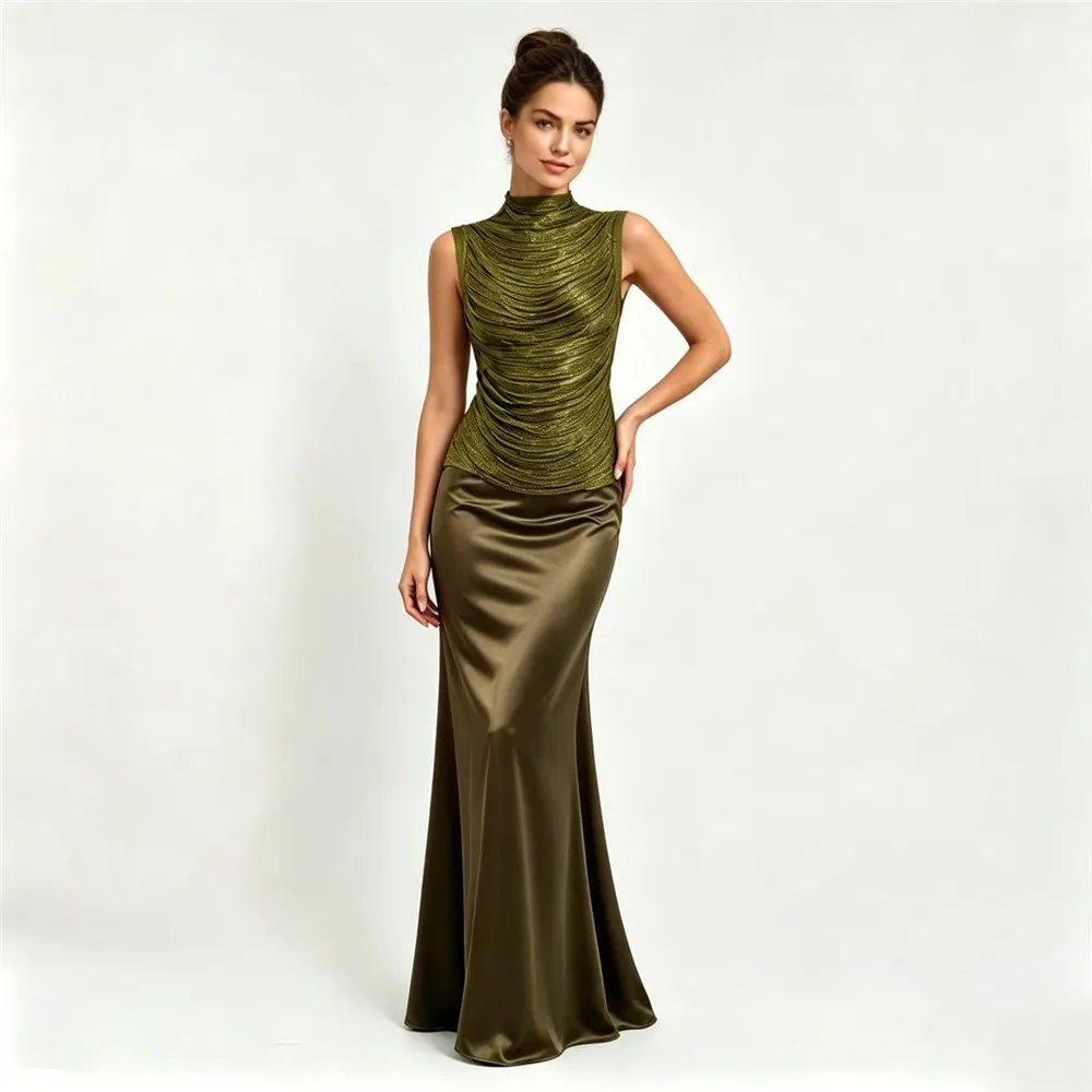 Luxurious Retro Fringe Two Piece Maxi Dress Sleeveless High Neck Satin Long Skirt Set Elegant Evening Gown Party Club Night view 5