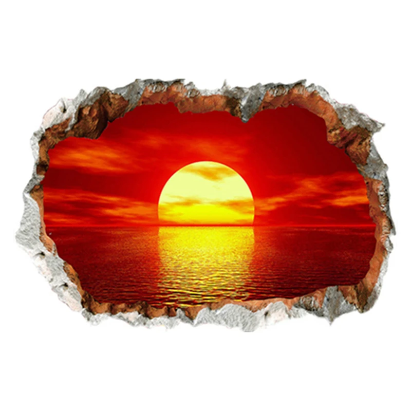 3D Wall Hole Art Ocean Sunrise Landscape Vinyl Mural Stickers Home Decorations for Living Room Bedroom Sea View Poster Wallpaper