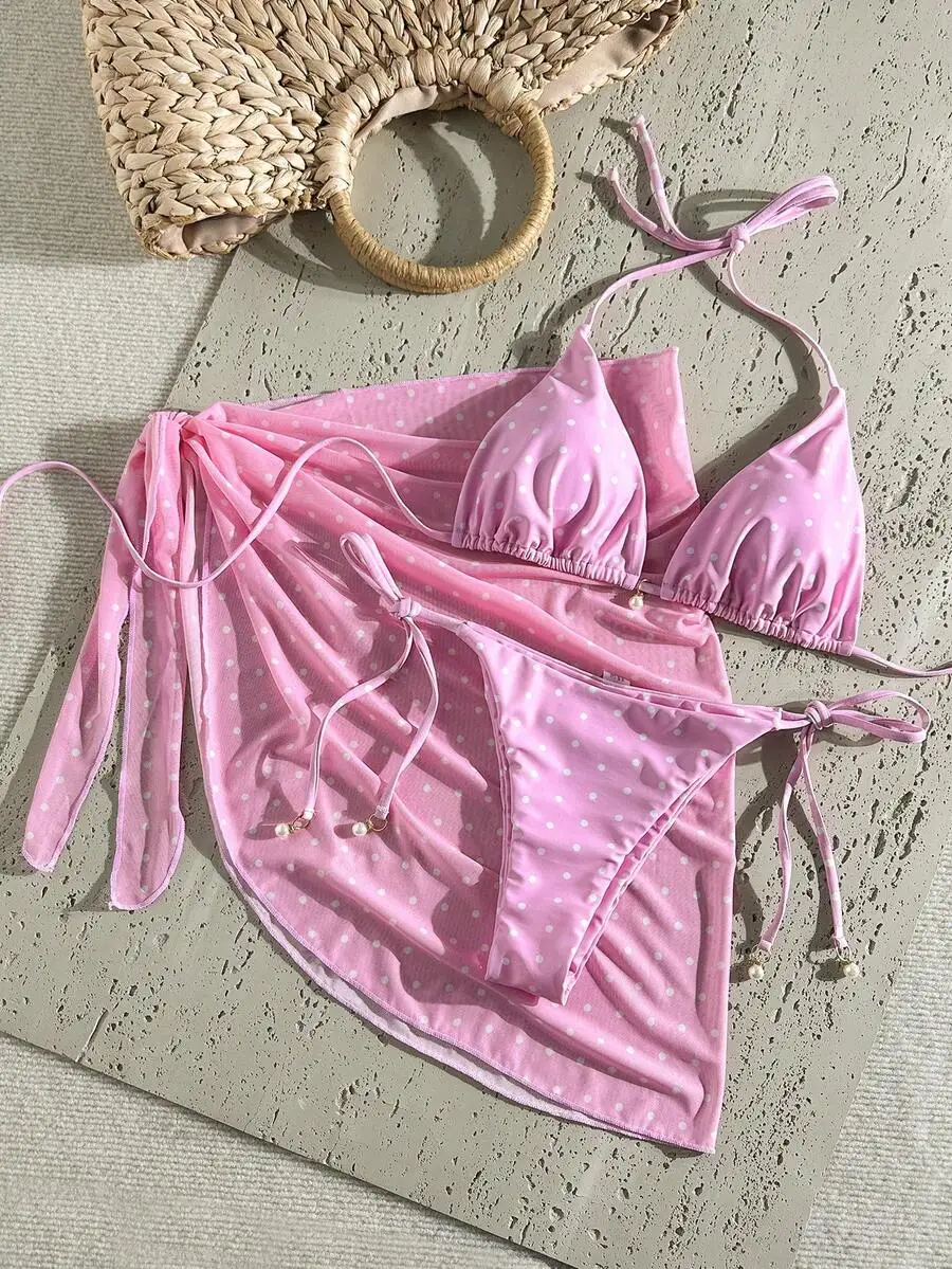 

Pink Polka Dot Triangle Bikini Set With Sheer Wrap Cover Up For Women