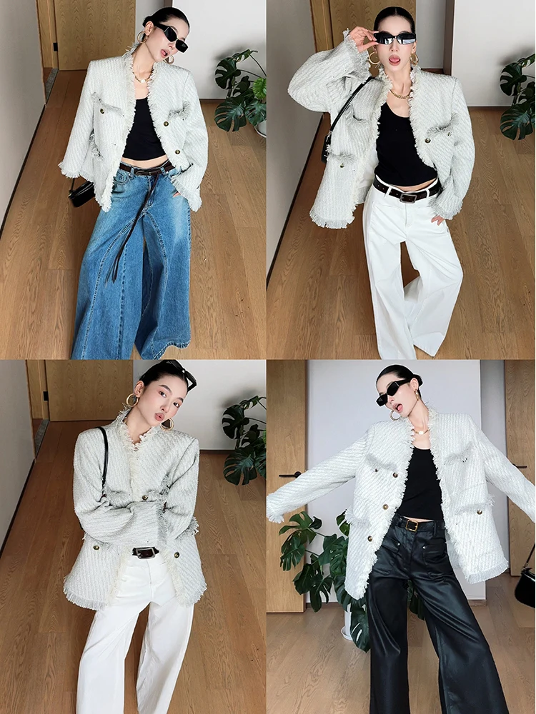 

CIZZLEMORE Platinum Mountain Tea Handmade Tassel Women's Jaet Small Fraance Sle ort Coat Casual Stand Fit Wool Blend