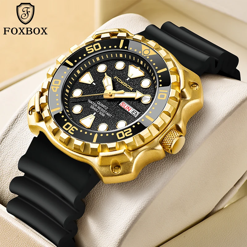

Модные золотые часы FOXBOX для мужчин, роскошные брендовые мужские кварцевые наручные часы с водонепроницаемостью 30 м, военные силиконовые спортивные часы для дайвинга, мужские часы