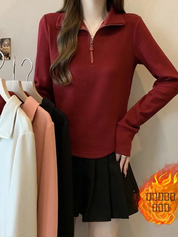 

Модная утепленная футболка с длинным рукавом и молнией для женщин больших размеров, облегающий базовый топ на зиму 2026