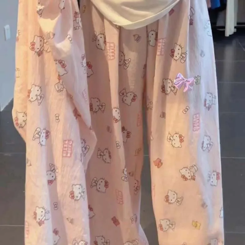 Kawaii Women's Hello Kittys Pajamas Pants Cute Loose Wide Leg Pants Spring Autumn Girl High Waist Casual Trousers Thin Home Pant