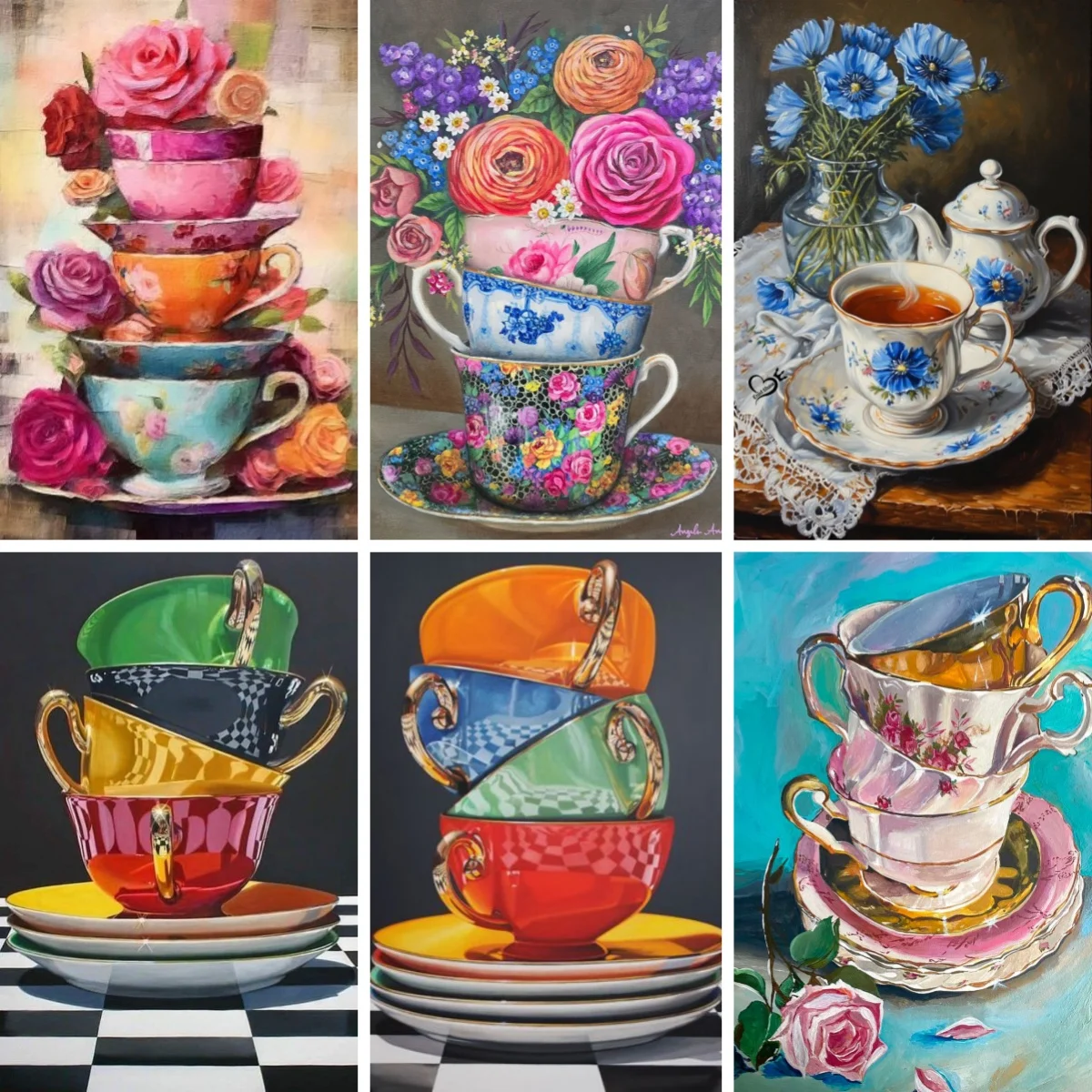 

Diamond Painting Tea Cups Elegantly Stacked with Wild Flowers DIY Cross Stitch Beadwork Full Drill for Kitchen or Dining Room
