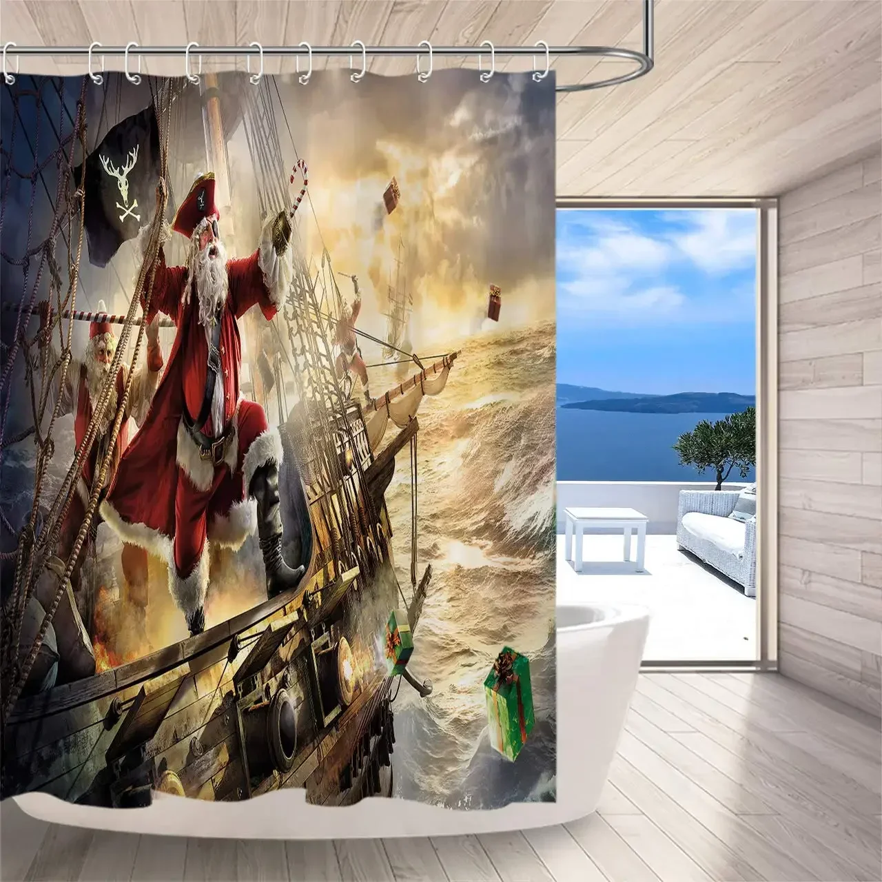 Funny Christmas Themed Bathroom Curtains, Captain of Reindeer Santa Claus in Pirate Costume Fire Gift Boxes