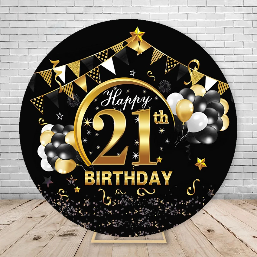 Men\'s Custom Happy Birthday Round Background Cover Boy Navy Blue Black Gold Birthday Party Circle Photo Photography Background