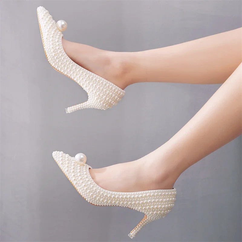 White Pearl Pointed Toe Pumps For Women Luxury Designer Thin High Heel Shallow Handmade Slip-on Elegant Fashion Female Shoes