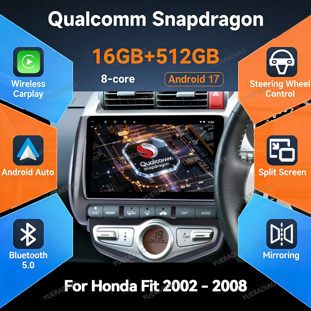 Автомагнитола Android 17 для HONDA JAZZ City 2002-2007 с GPS-навигацией Qualcomm, 2DIN, 4G, Wi-Fi, мультимедийный видеоплеер, головное устройство с Bluetooth