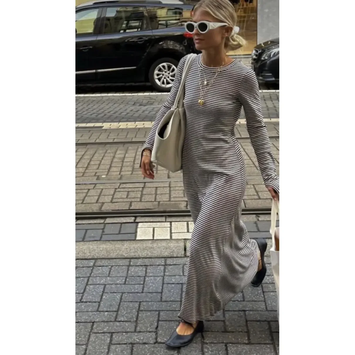 

Autumn Women's Striped Long Dress Long Sleeve Crew Neck Casual Slim Dress Backless Hollow Party Dress for Daily Street