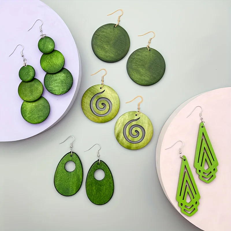Retro and minimalist countryside earrings, wooden geometric earrings for women, 5 pairs/set, small and fresh design earrings
