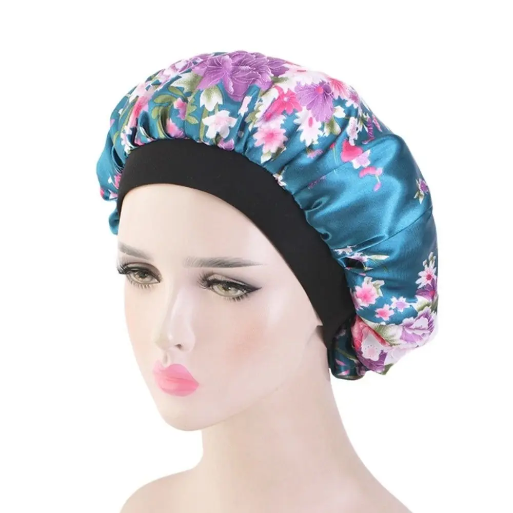 Floral Pattern Satin Sleep Bonnet Hair Loss Cover Elastic Wide Band Shower Caps Head Wrap Islamic Turban Hat