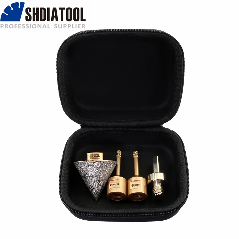 SHDIATOOL 4pcs M14 Drilliing Milling Tile Bits Kit Bag 6/6mm Drill Bits+50mm Diamond Chamfer+Triangle Shank Adapter Marble Stone