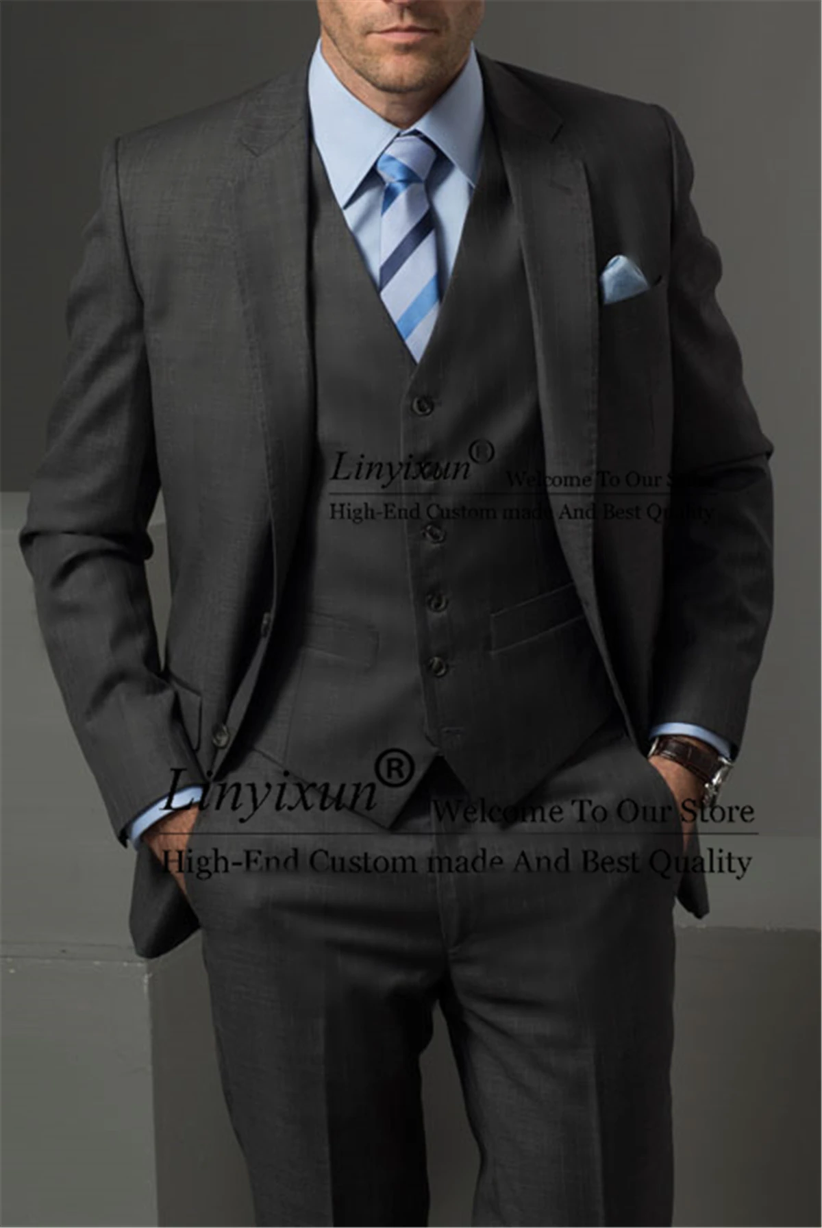 

Classic Grey Slim Fit Men Suits Notched Lapel Groom Wedding Tuxedo Business Male 3 Pieces Jacket Vest Pants Set Costume Homme