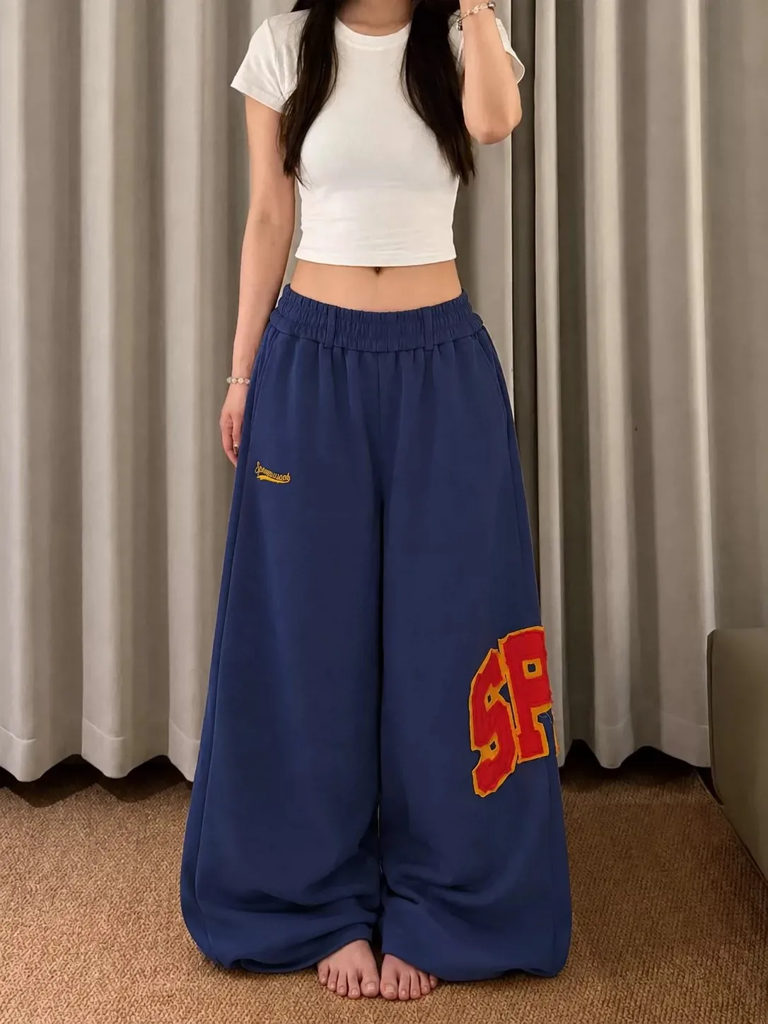 American Style Casual Pants Women's Spring Autumn Loose Drapey Jazz Dance Sports Wide Leg Trousers Letter Patchwork