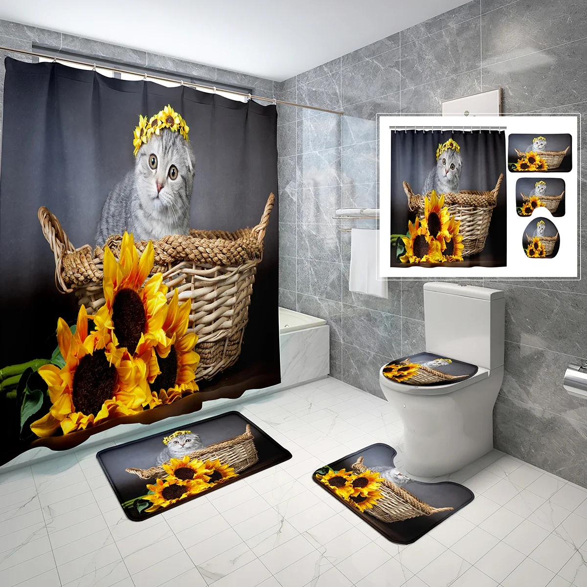 4 PCS Animals and Flowers Shower Curtain Sets,Nature Sunlight Dog Daffodils Shower Curtain,Non-Slip Bath Mat Toilet Cover Set