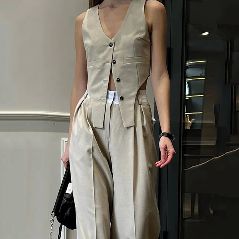 Women Two Piece Sets Pant Set Solid Casual V Neck Sleeveless Vest Tops High Waist Wide Leg Long Pants Solid Elegant Splice