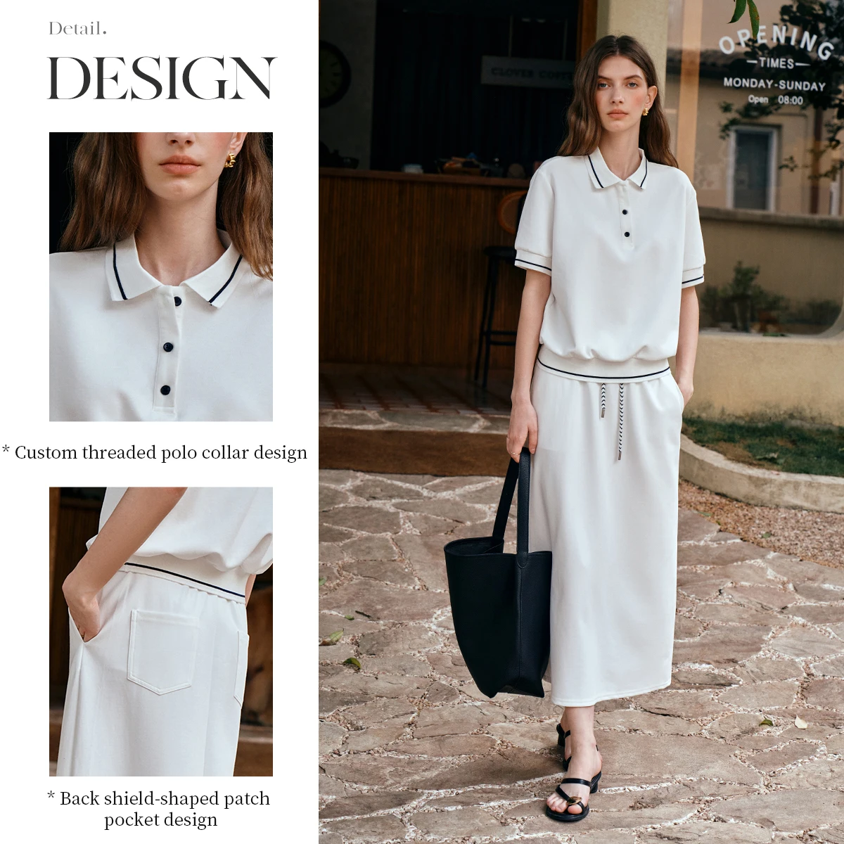 Olrain conjunto feminino de duas peças 2025 verão estilo dinheiro velho branco camisa polo de manga curta saia shirring roupa feminina o57xe99698