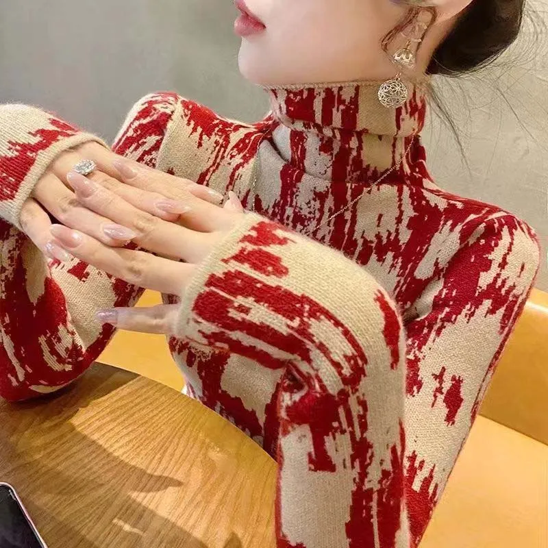 Women's Clothing Vintage Fashion Hand-Painted Knit Pullovers Autumn Winter Long Sleeve Turtleneck Slim Sweaters Office Lady Tops