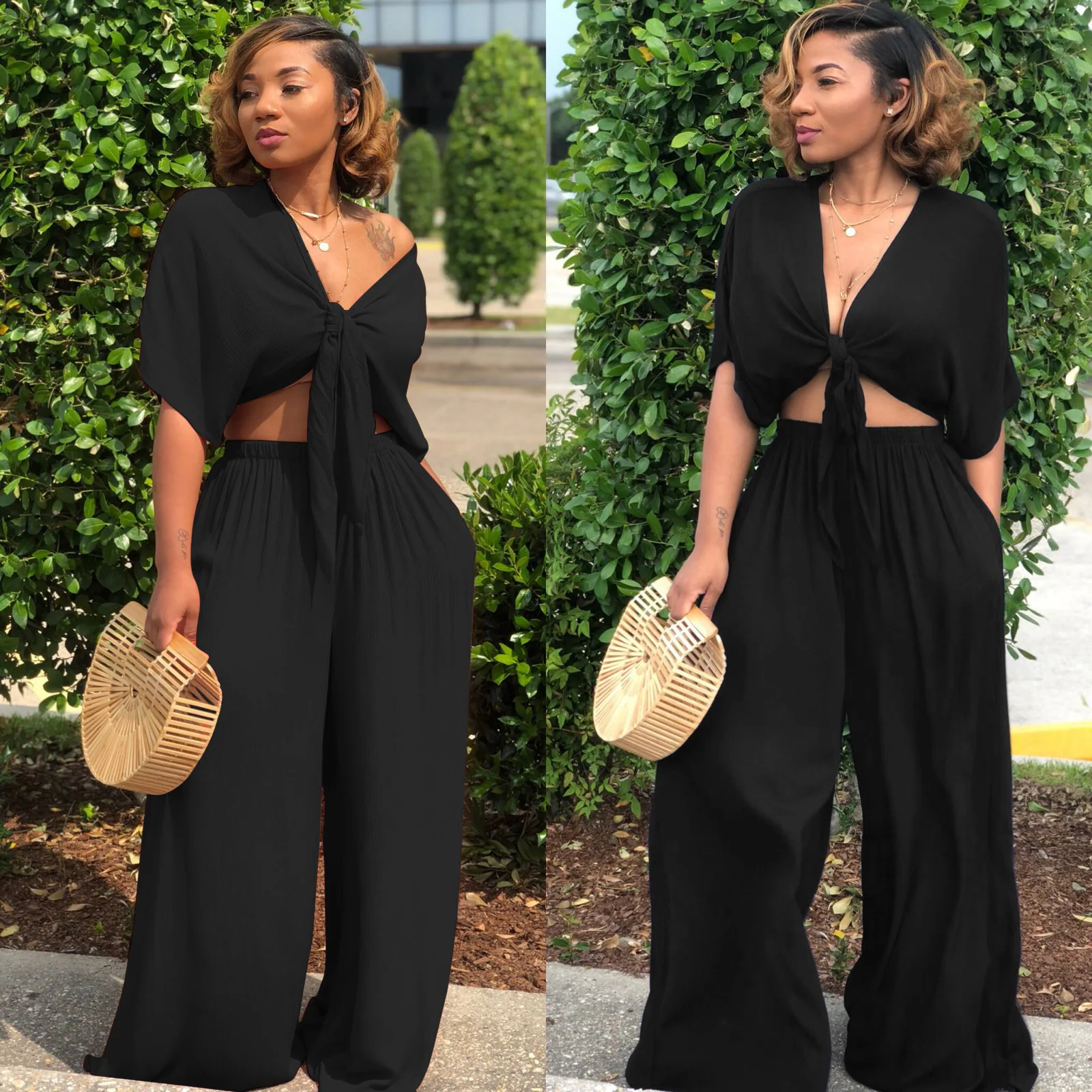 Prowow Fashion Two Piece Women Suits V-neck Cropped Tops High Waist Wide Leg Pant Female Clothing Set Solid Color Outfits