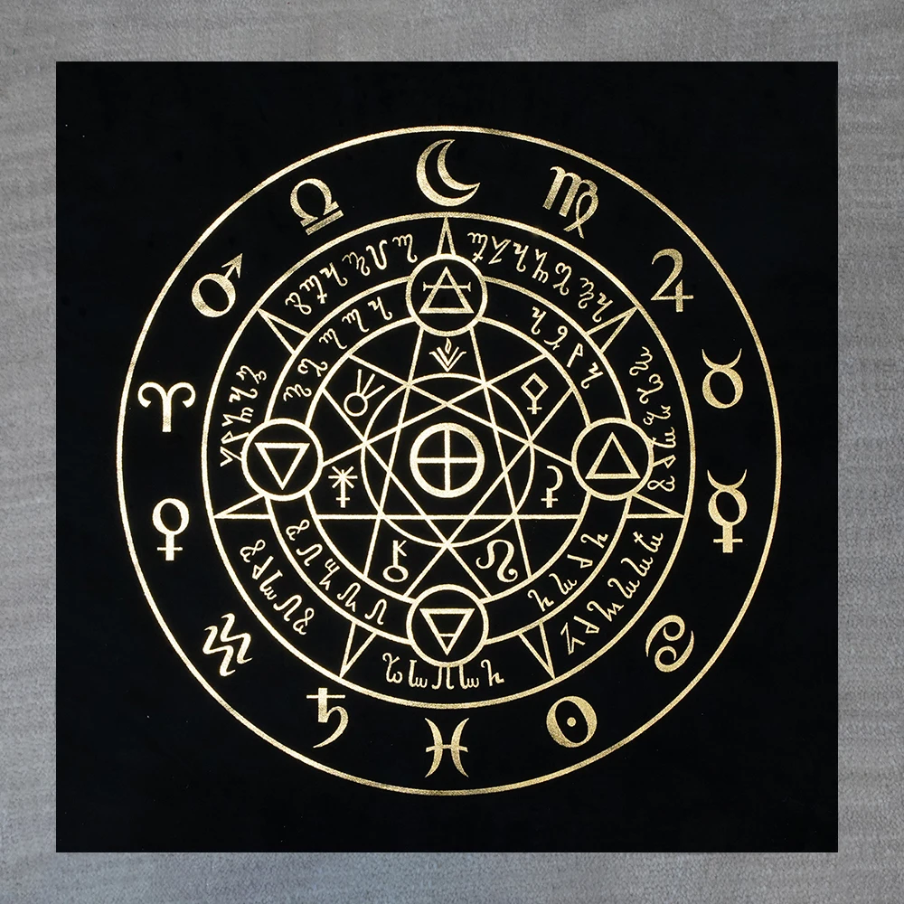Occult Magic Circle Altar Cloth Black Gold Pentagram Zodiac Elements Planetary Symbols Divination Mat Ritual Wiccan Tablecloth S