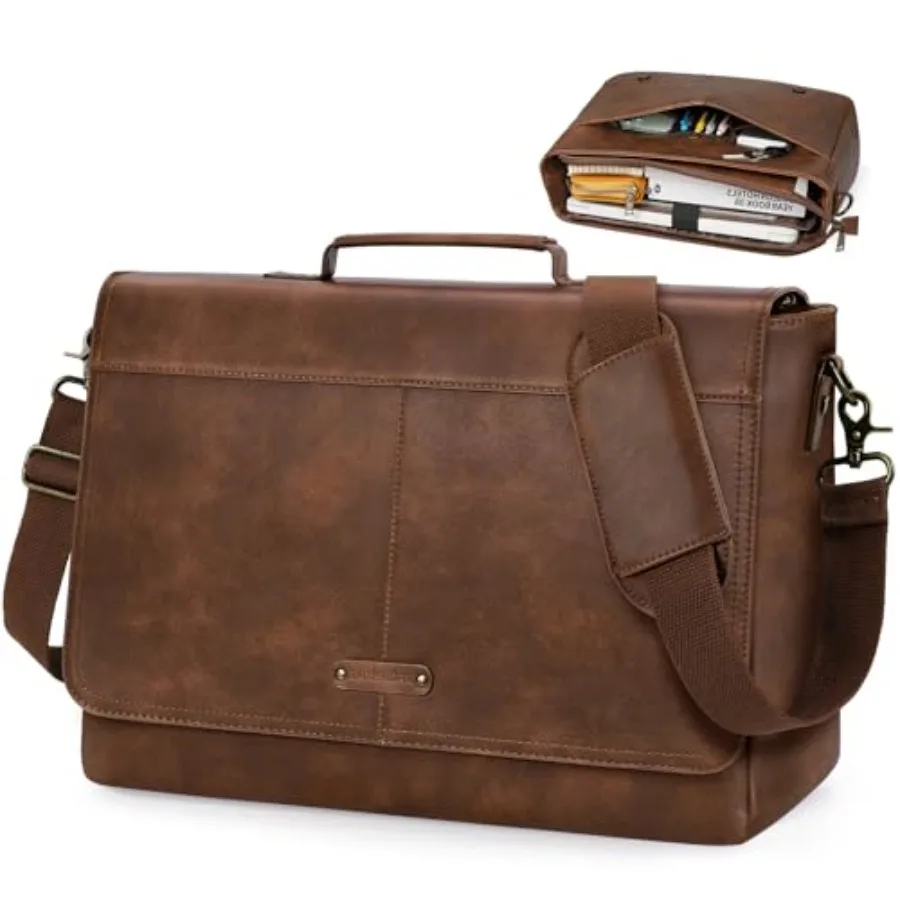 Vintage Flap Messenger Bag for Men PU Leather Laptop Bag 15.6 Inch Mens Briefcase Waterproof Satchel Computer Bag