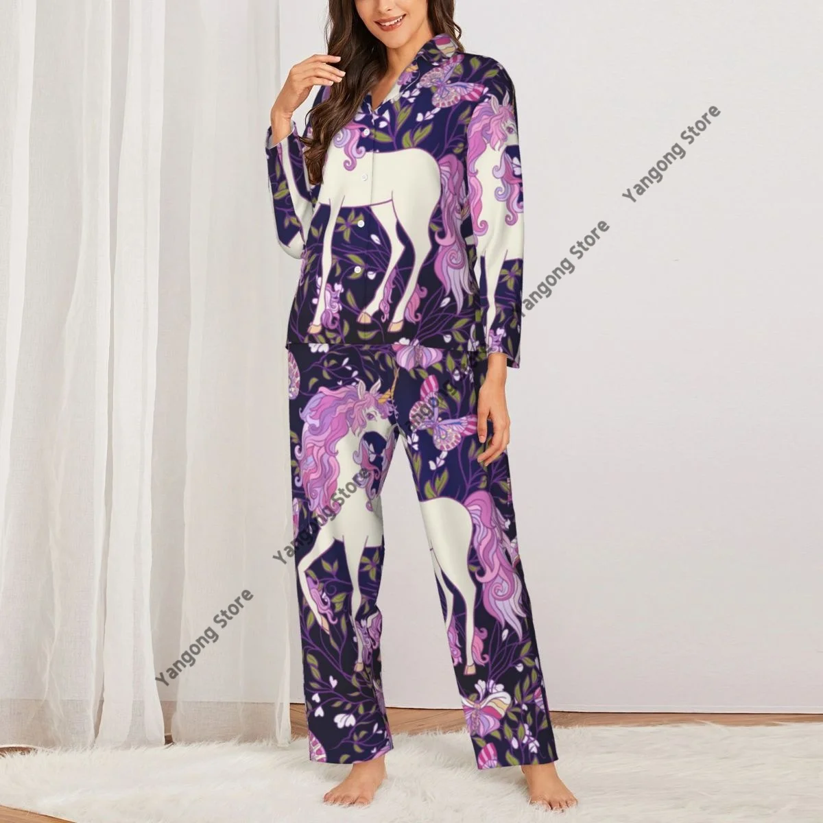 Women Sleepwear Pajamas Unicorn Roses And Butterflies Long Sleeve Pijama Female Set Negligee Cardigan Suit