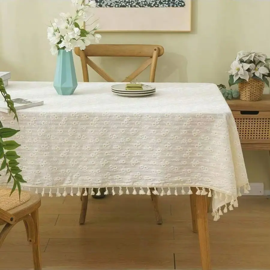 1pc Square Tassel Tablecloth, Fresh Pastoral Style Table Decoration With Daisy Pattern And Tassel Trim, For Picnic, Party, Room