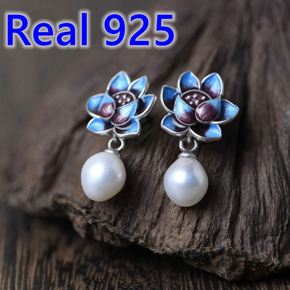 real S925 Original Design Natural Synthetic Pearl blue enamel lotus Earrings Chinese Style Vintage Bohemian Women's Jewelry