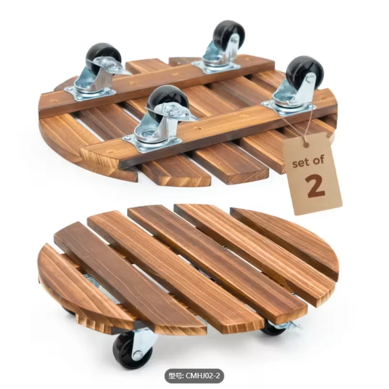 2-Piece Thickened Solid Wood Plant Stand, Equipped with 360° Rubber Caster Wheels, Multi-Functional Rolling Flower Pot Cart, Sui