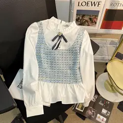 Women's Xiaoxiangfeng Patchwor Fake Two-piece Button Round Neck Bow Shirts Autumn New Sweet Versatile Long Sleeve Pullover Tops