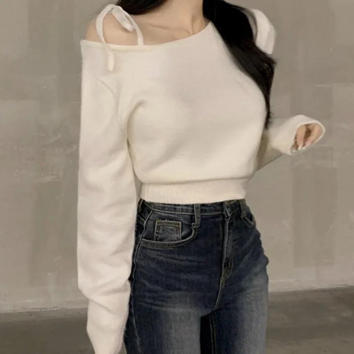 Korean Style Diagonal Shoulder Knitted Top Single Strap Shoulder Bared Slim Short Waist Cinching Long Sleeve Base Layer Shirt