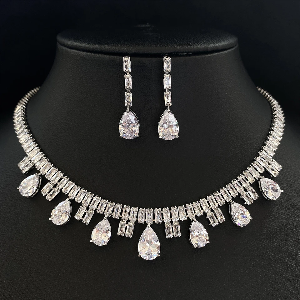 ZAKOL Funkelndes AAA-Kubikzirkonia-Set mit großen Wassertropfen-Ohrringen und Halskette, luxuriöser Brautschmuck für Hochzeiten und Partys – Detail 11