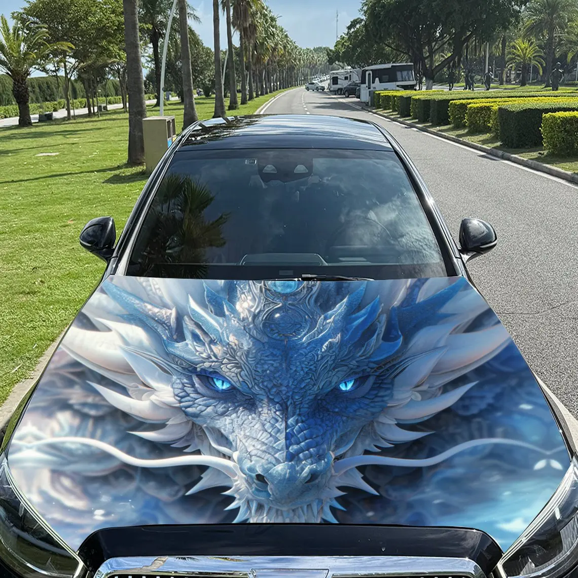 Fantasy Frost Dragon Car Vinyl Wrap, PVC Material Waterproof Car Hood Sticker, Self-Adhesive Scratch-Resistant Stickers for Engi